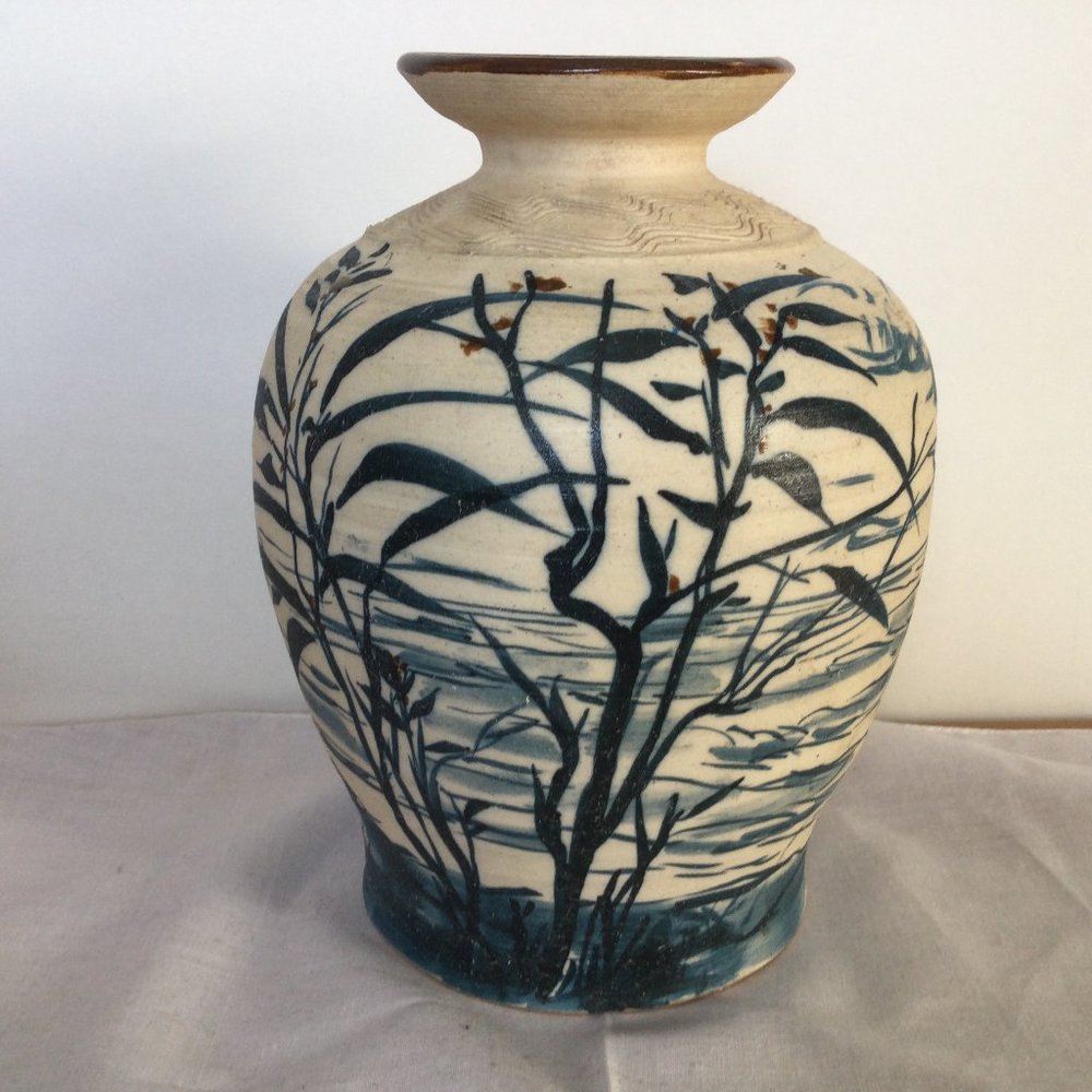vintage pottery vase handmade hand painted tree water cloud signed by artist